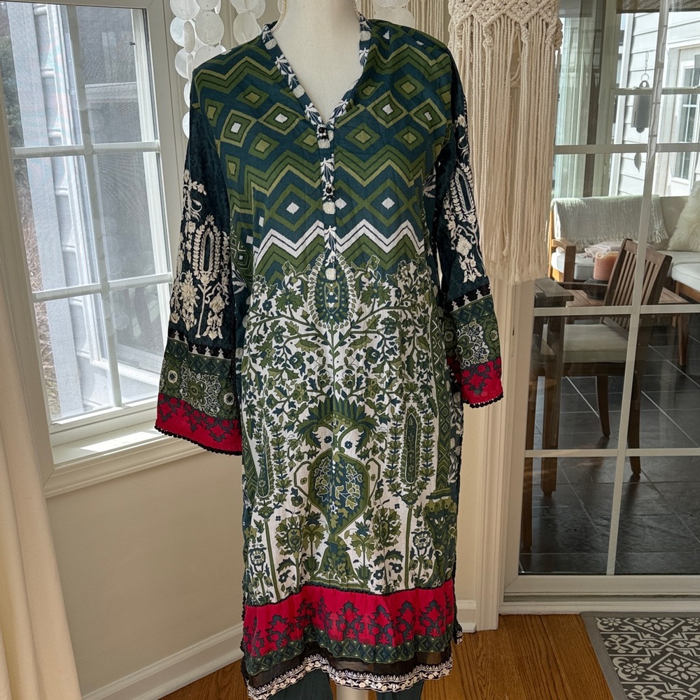 J Pret Green Floral Embroidered Dress Boho Ethnic size 12
